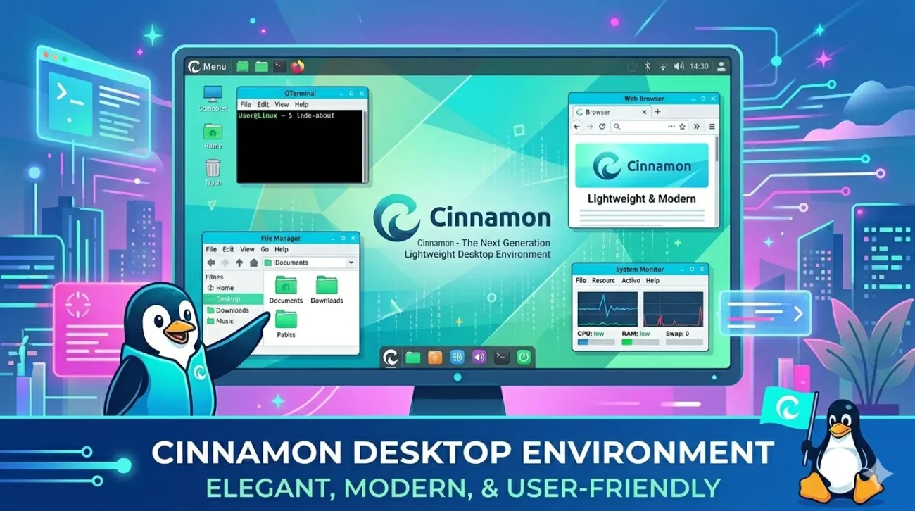 Tampilan desktop Cinnamon Linux modern dengan panel bawah dan menu aplikasi