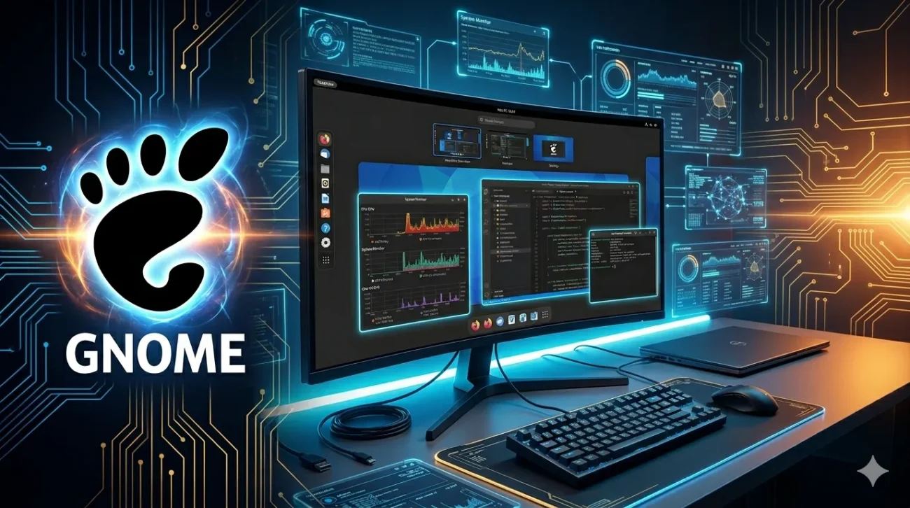Tampilan Activities Overview di GNOME yang menunjukkan manajemen workspace dinamis dan dock aplikasi di bagian bawah untuk multitasking efisien