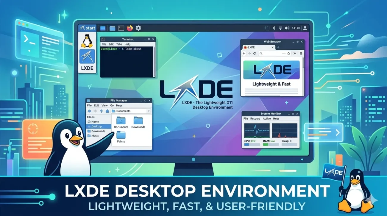 Gambar sebuah laptop tua yang berjalan dengan mulus menggunakan desktop LXDE. Teks di layar menampilkan jendela Terminal dengan informasi penggunaan sumber daya yang rendah.