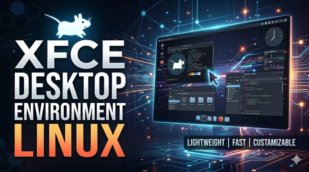 Antarmuka desktop XFCE yang minimalis dengan panel ikon di bagian bawah dan menu aplikasi yang simpel, menunjukkan efisiensi penggunaan memori di Linux.